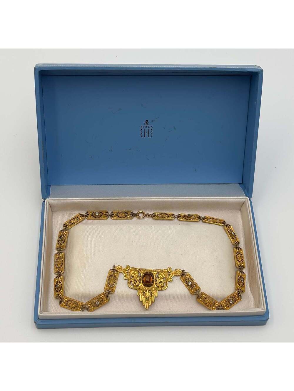 Birks Art Deco Filigree Statement Necklace Amber Crystal - Picture 6 of 7